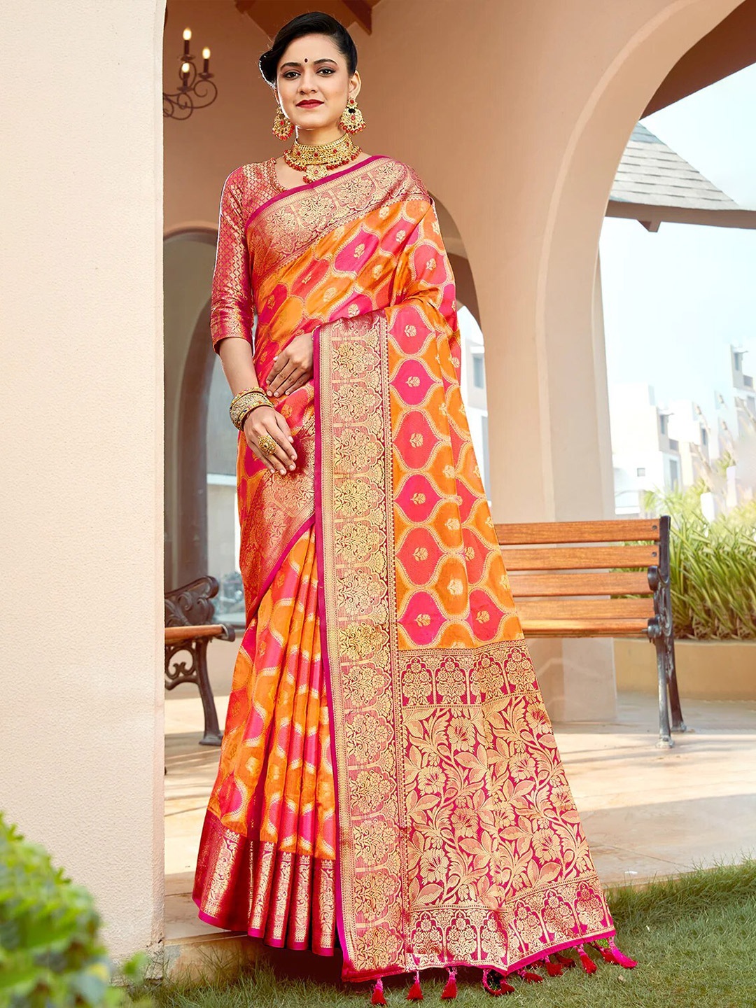 

Mitera Woven Design Zari Art Silk Banarasi Saree, Coral
