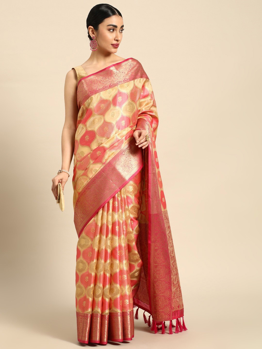 

Mitera Cream-Coloured & Pink Woven Design Zari Organza Banarasi Saree