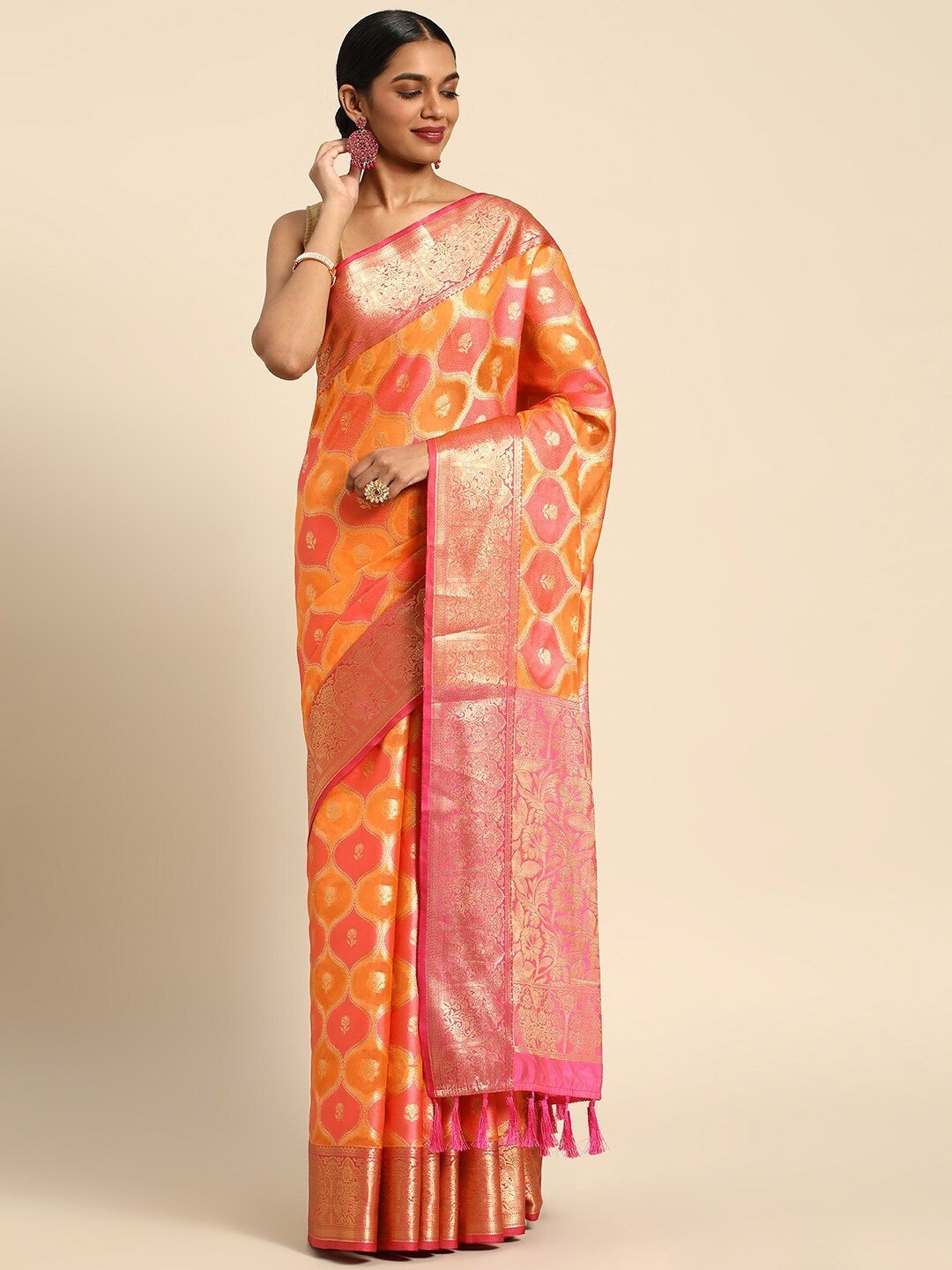 

Mitera Coral & Gold-Toned Woven Design Zari Organza Banarasi Saree