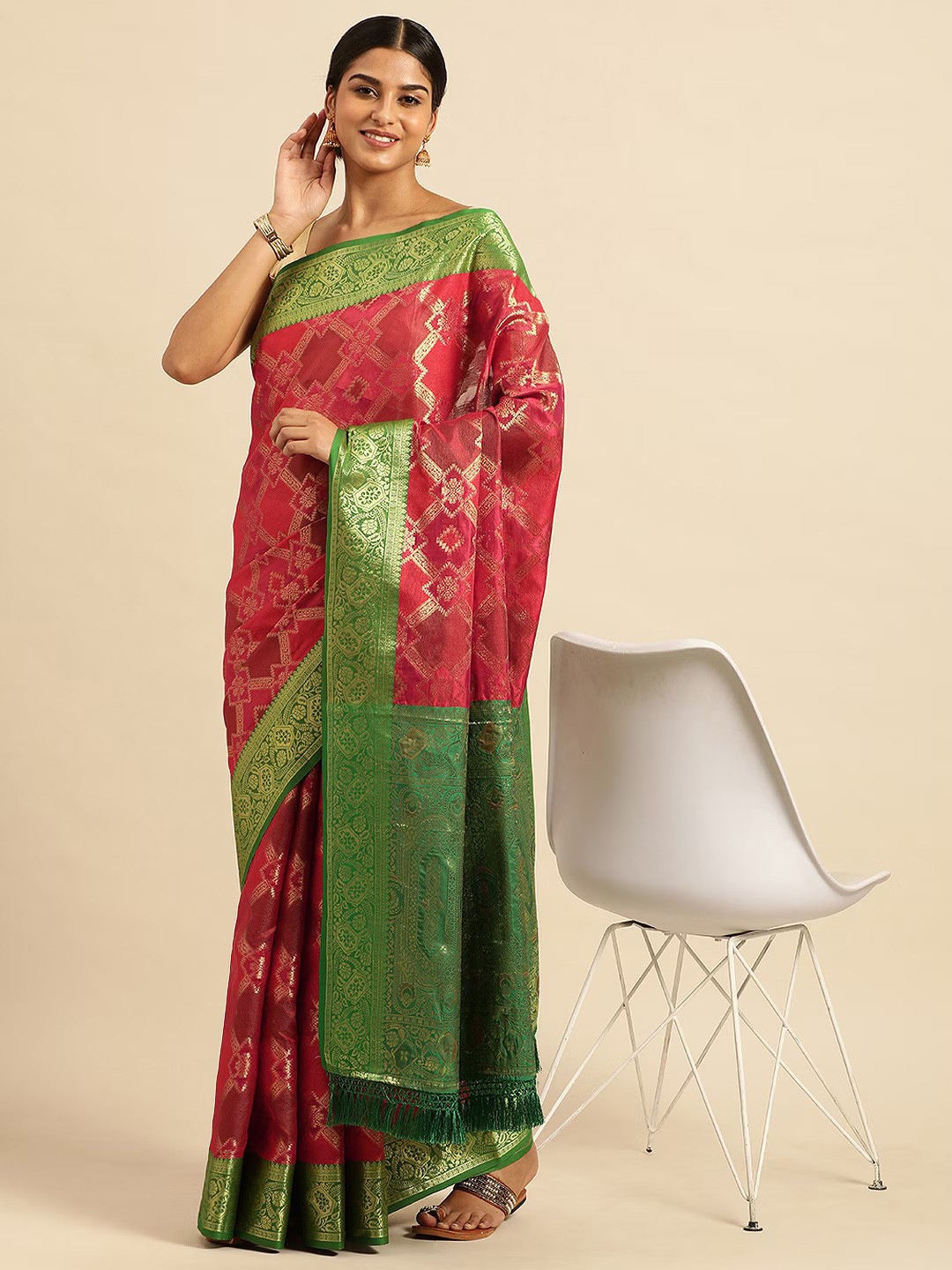 

Mitera Red & Green Woven Design Zari Patola Saree