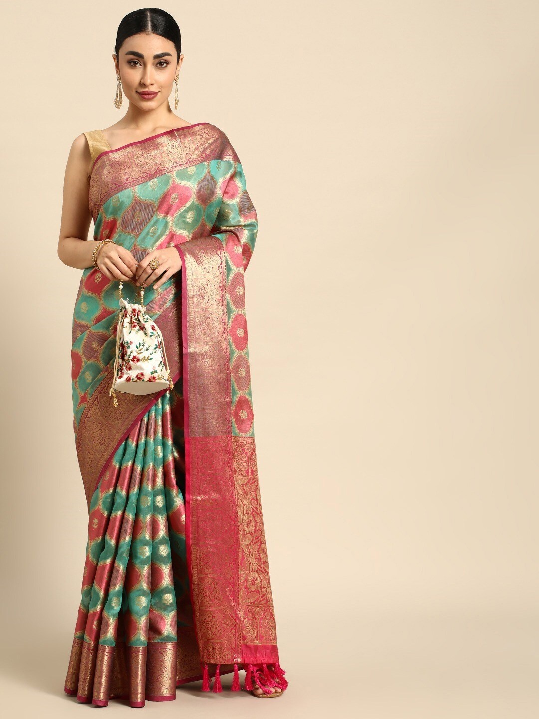 

Mitera Blue & Pink Woven Design Zari Organza Banarasi Saree