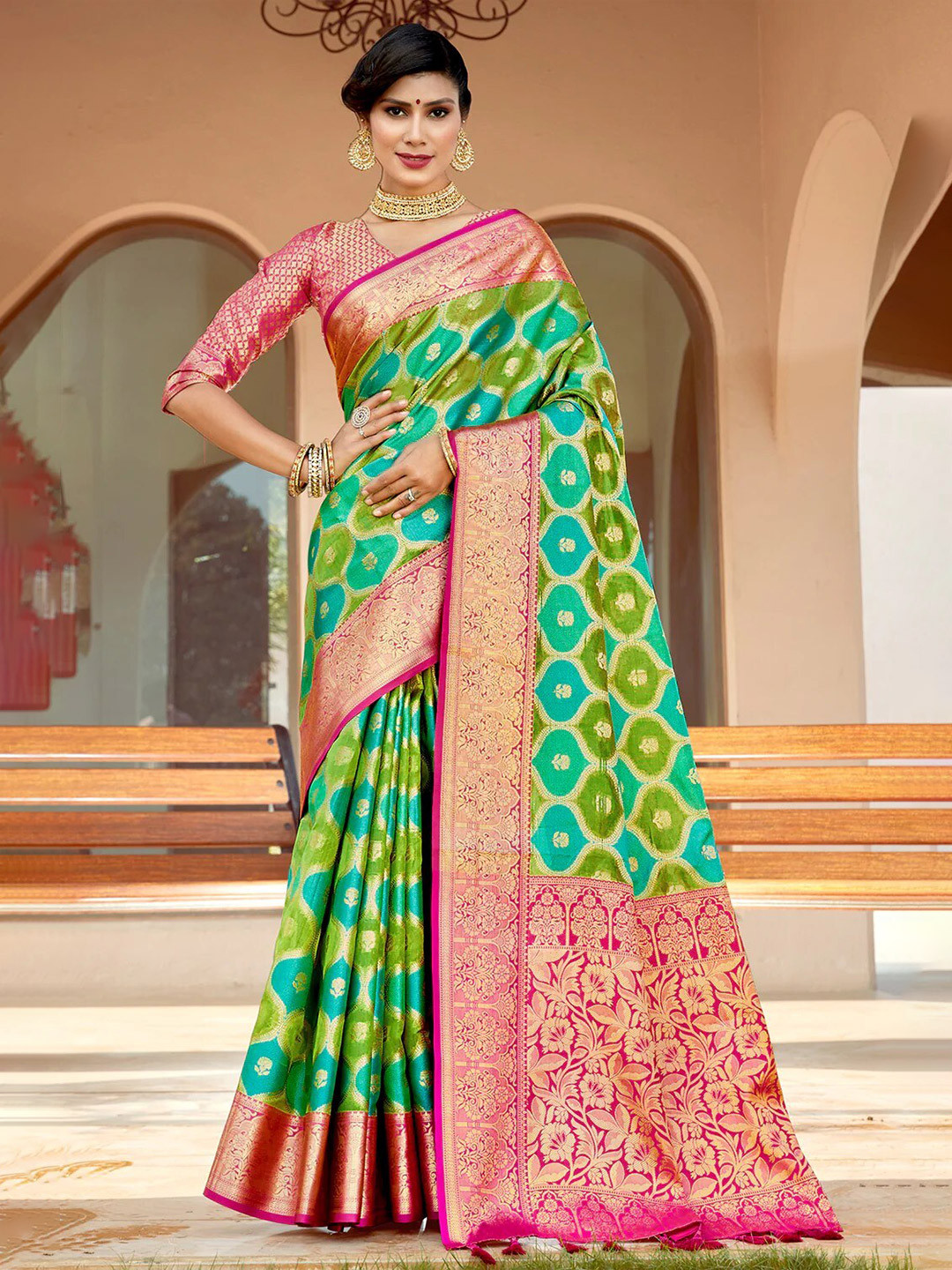 

Mitera Green & Pink Woven Design Zari Art Silk Banarasi Saree