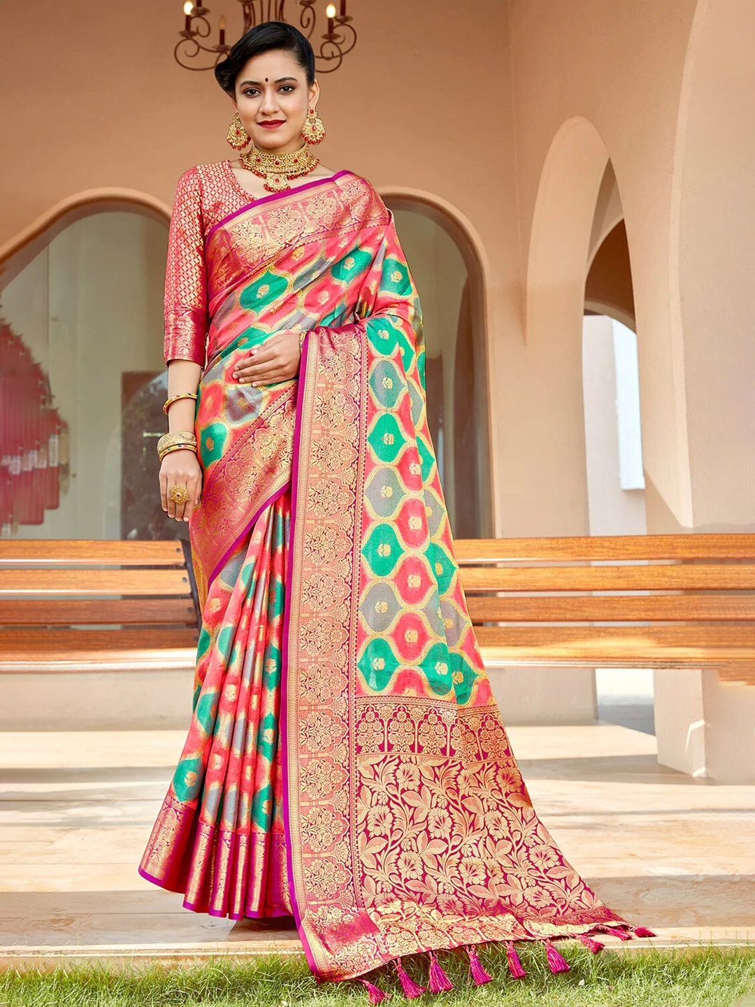 

Mitera Pink & Green Woven Design Zari Banarasi Saree