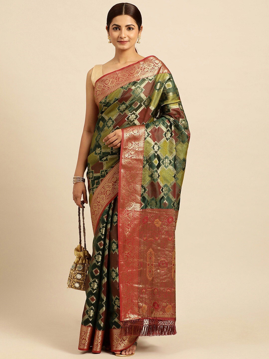 

Mitera Green & Brown Woven Design Zari Patola Saree