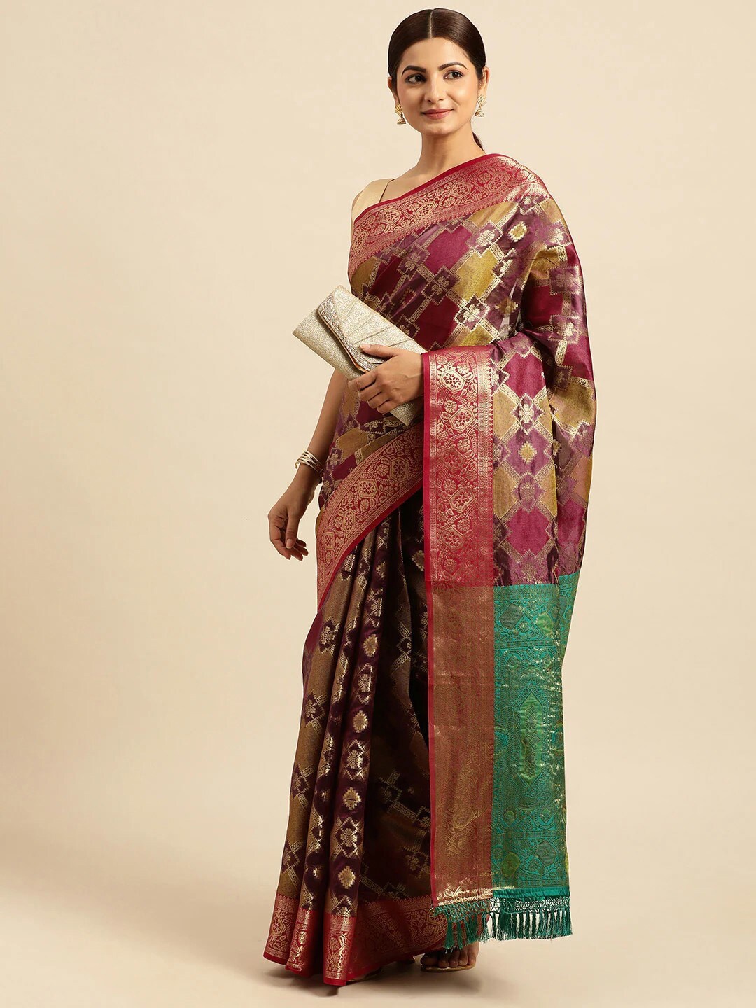 

Mitera Maroon & Mustard Woven Design Zari Patola Saree