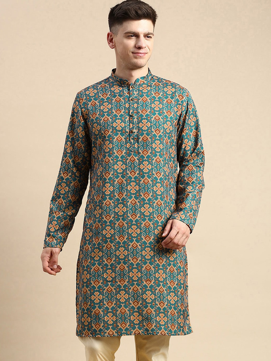 

Amodh by Kisah Mandarin Collar Ethnic Motifs Printed Kurta, Teal