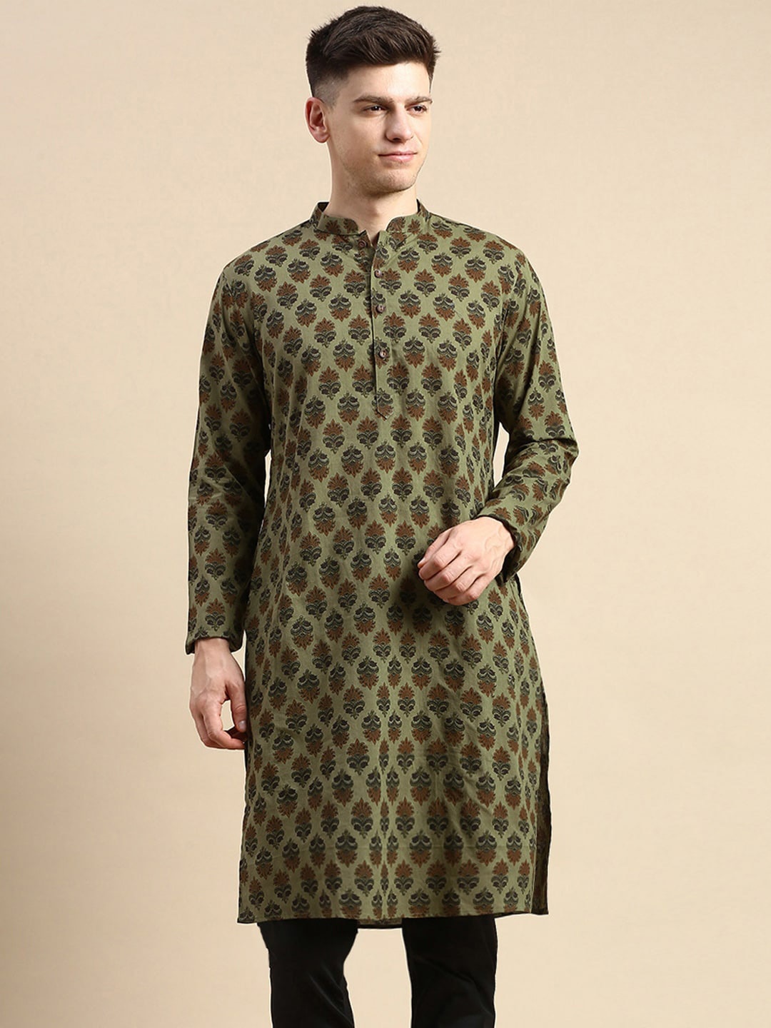 

Amodh by Kisah Ethnic Printed Straight Cotton Kurta, Olive