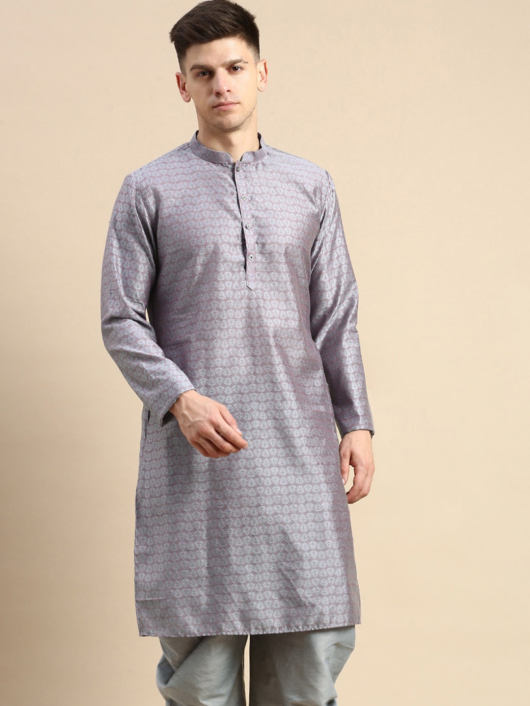 

Amodh by Kisah Ethnic Motifs Woven Design Mandarin Collar Kurta, Grey