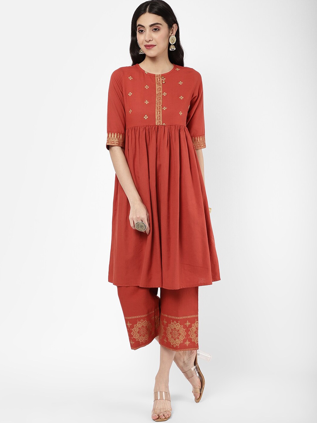 

R&B Embroidered A-Line Kurta, Rust
