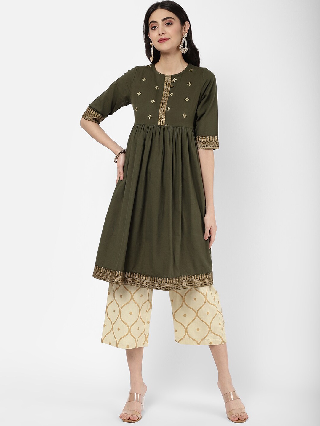 

R&B Floral Printed Yoke Design Kurta, Olive