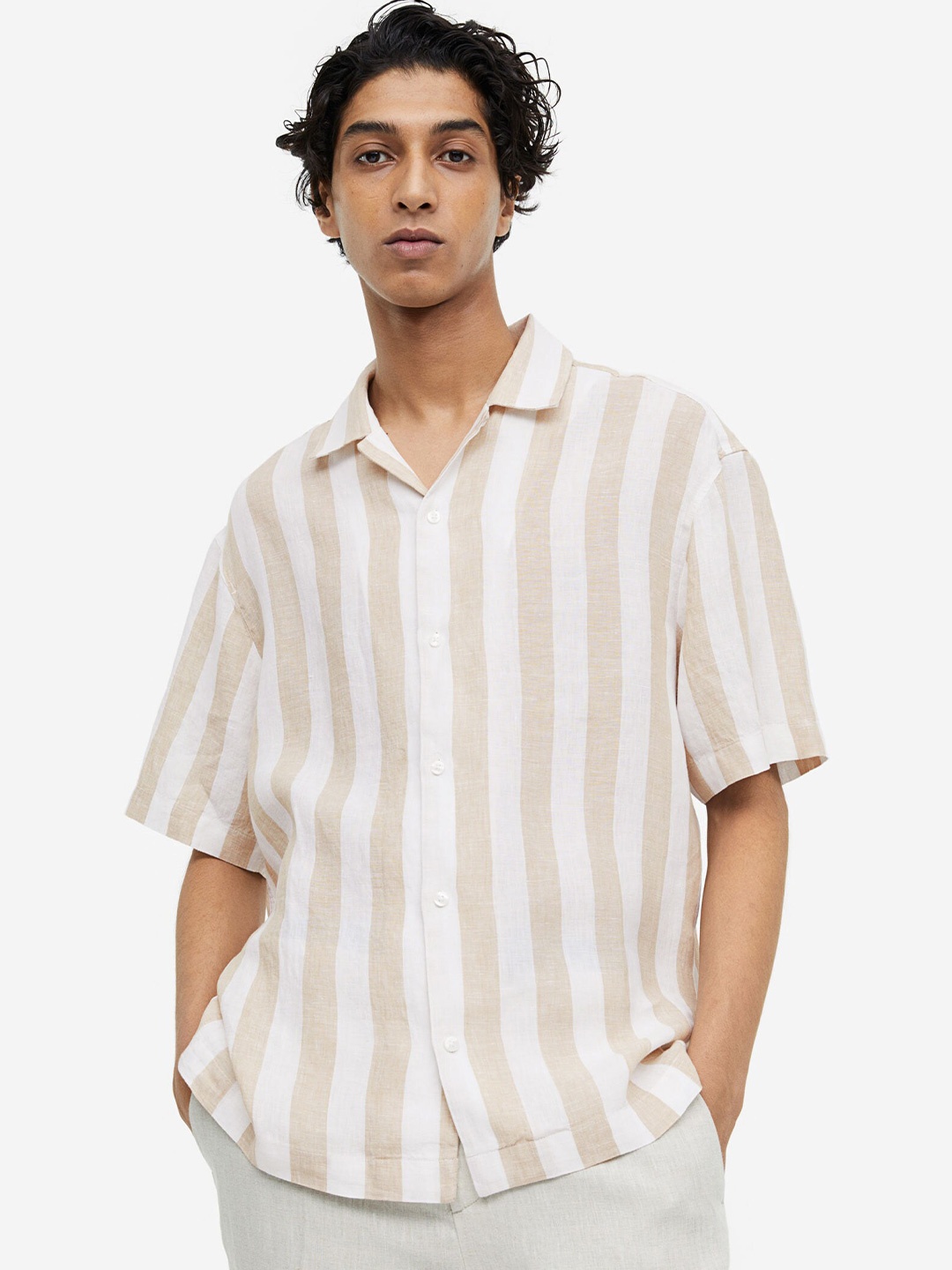 

H&M Relaxed Fit Linen Resort Shirt, Beige