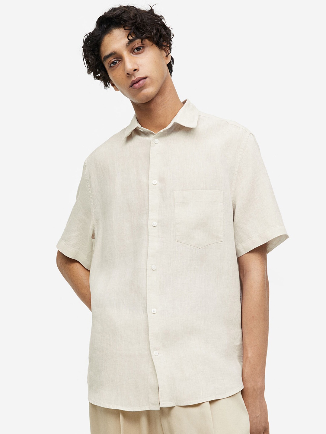

H&M Regular Fit Short-Sleeved Linen Shirt, Beige