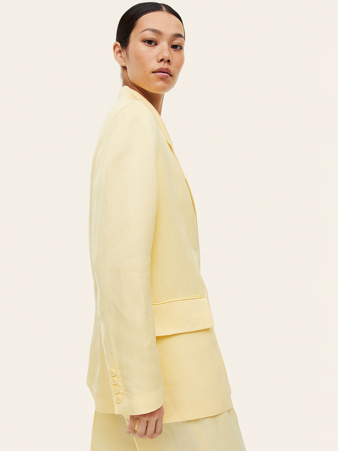 

H&M Women Double-Breasted Linen-Blend Blazer, Yellow
