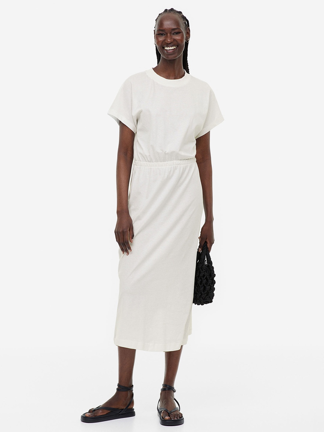 

H&M Pure Cotton Smocked-Waist Jersey Dress, White