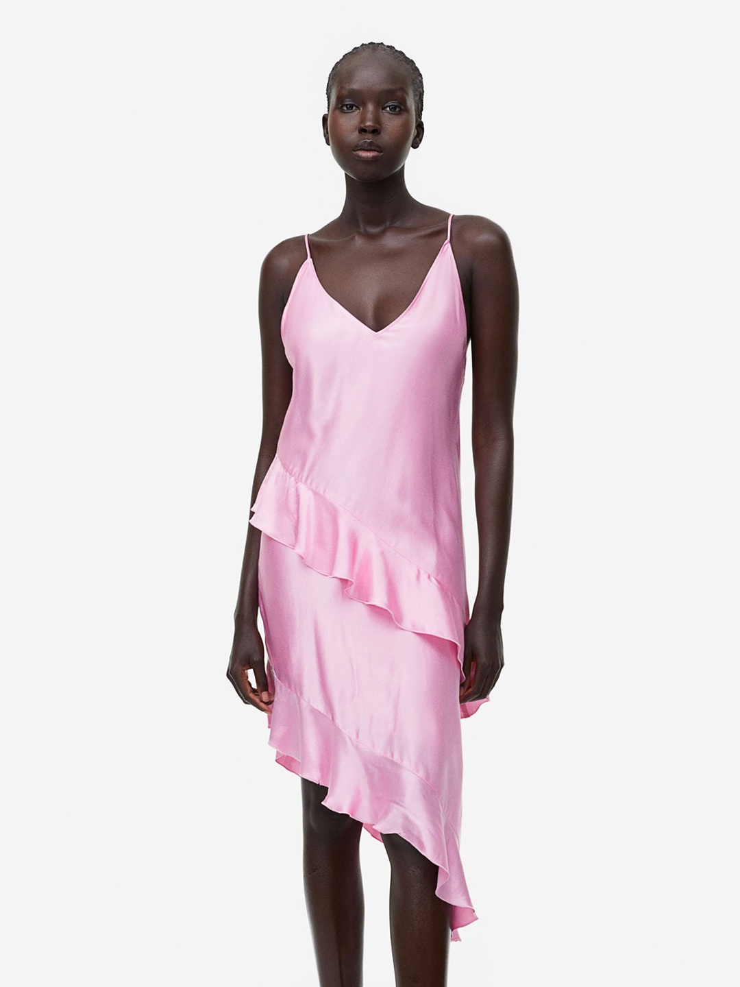 

H&M Flounced Satin Slip Dress, Pink