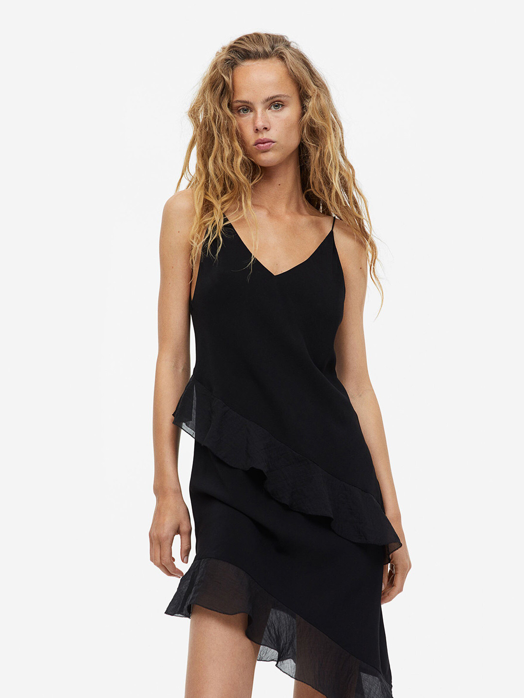 

H&M Flounced Satin Slip Dress, Black