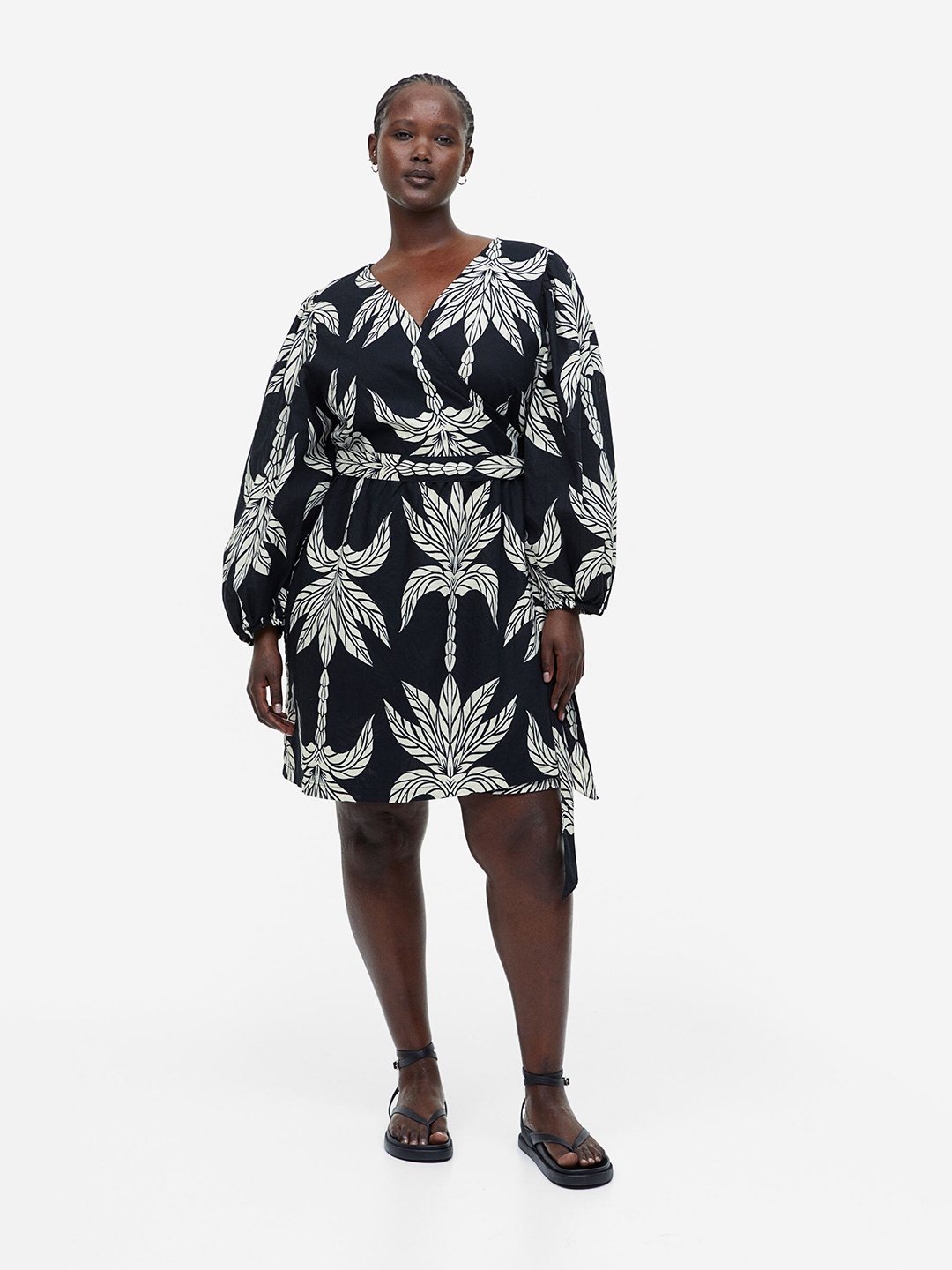 

H&M Linen-Blend Wrap Dress, Black
