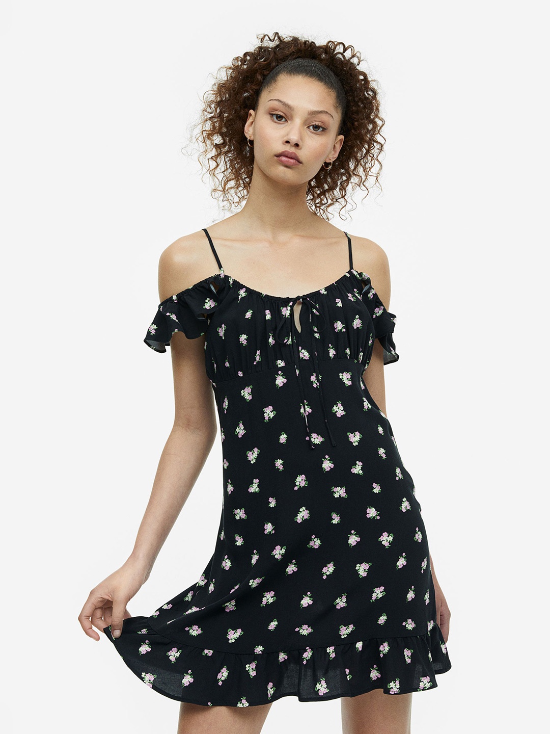 

H&M Flutter-Sleeved Off-The-Shoulder Dress, Black