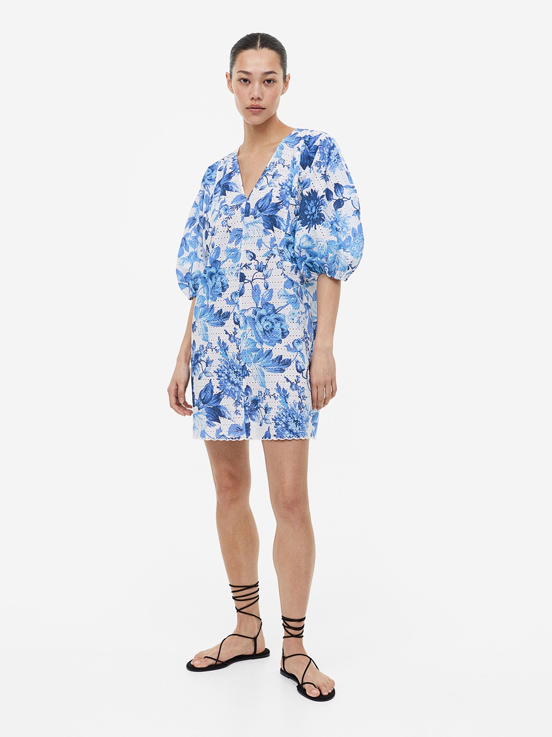

H&M Pure Cotton Broderie Anglaise Dress, Blue
