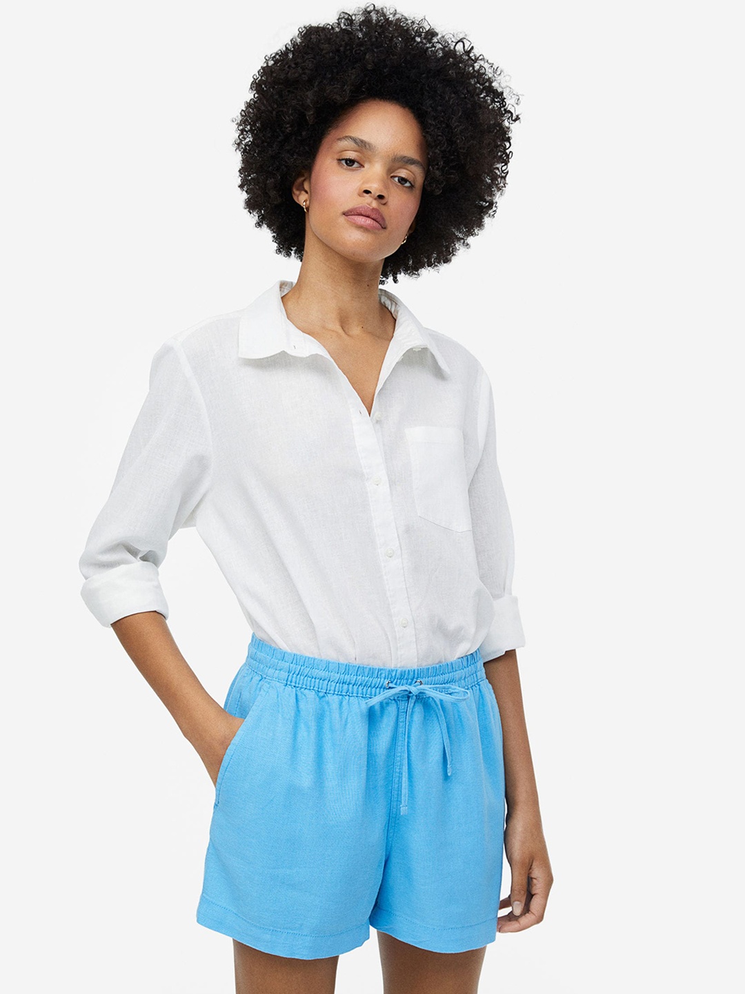 

H&M Women Linen-Blend Shorts, Blue