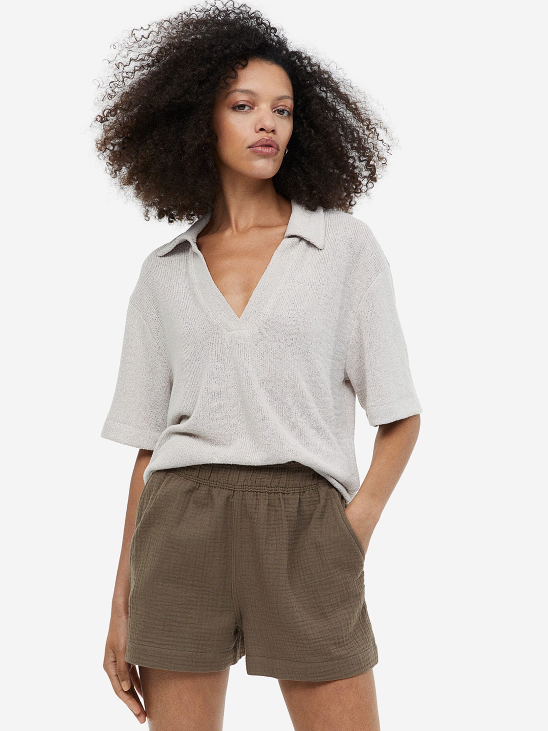 

H&M Women Crinkled Cotton Shorts, Brown