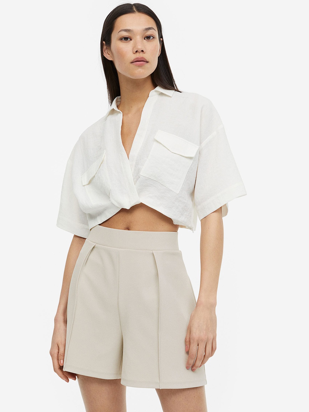 

H&M Women Pleat-Detail Shorts, Beige