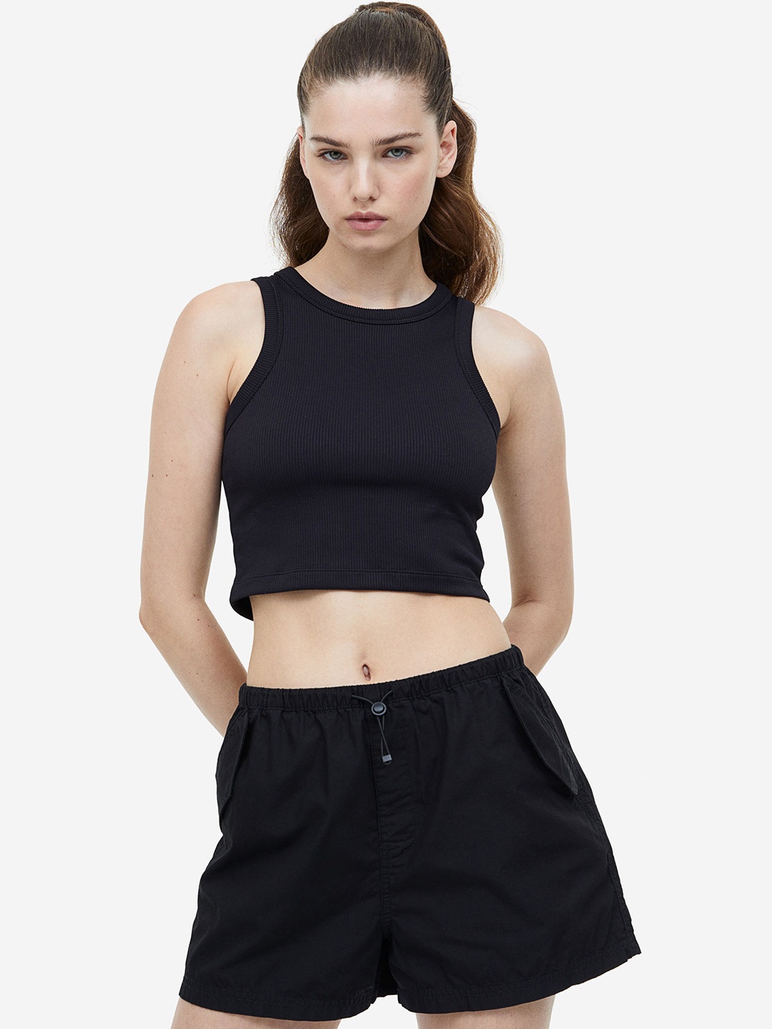 

H&M Women Cotton Parachute Shorts, Black
