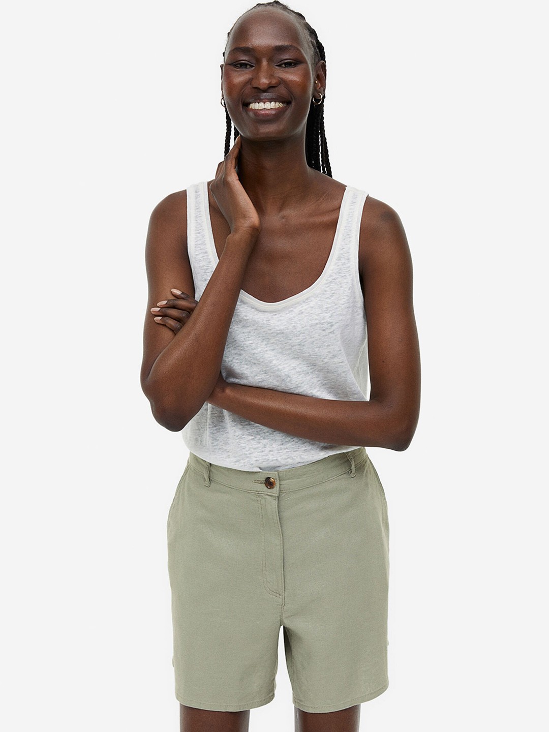 

H&M Women Linen-Blend Shorts, Green