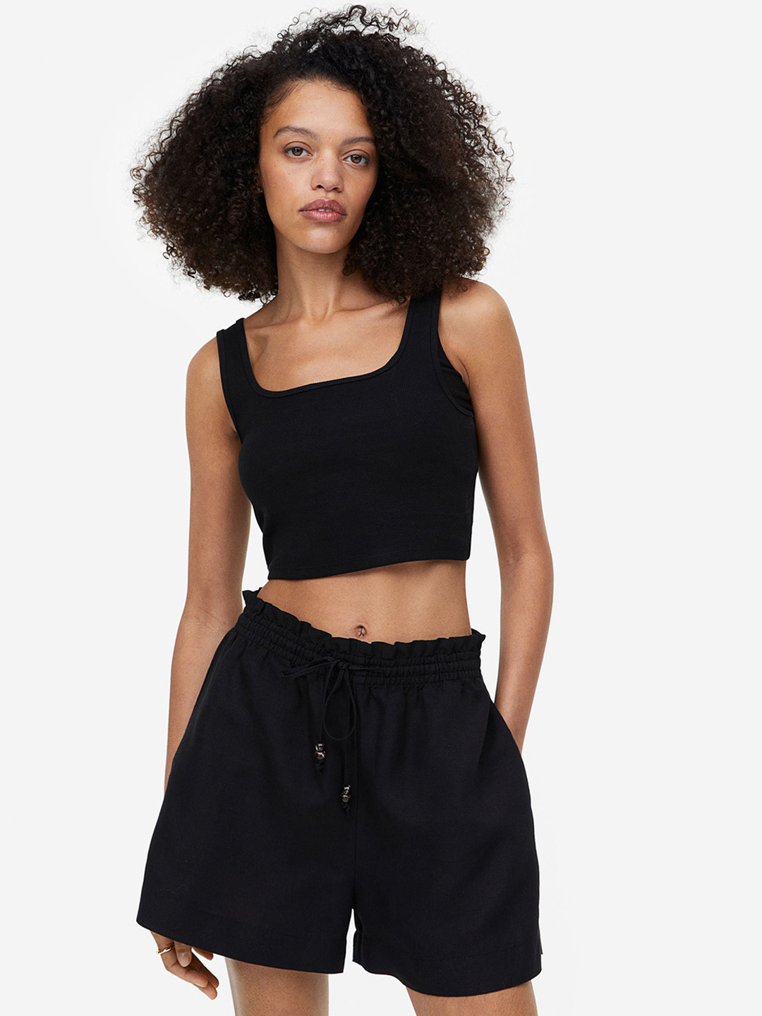 

H&M Women Linen-Blend Paper Bag Shorts, Black