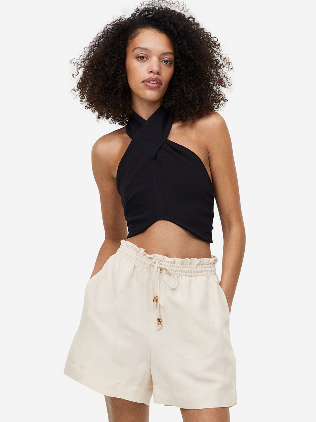 

H&M Women Linen-Blend Paper Bag Shorts, Beige