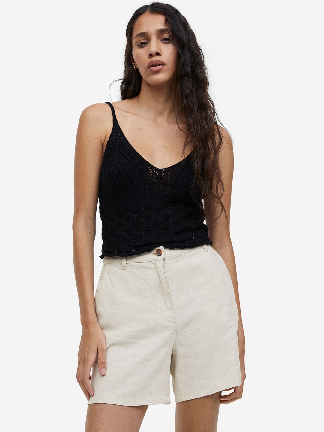 

H&M Women Linen-Blend Shorts, Beige