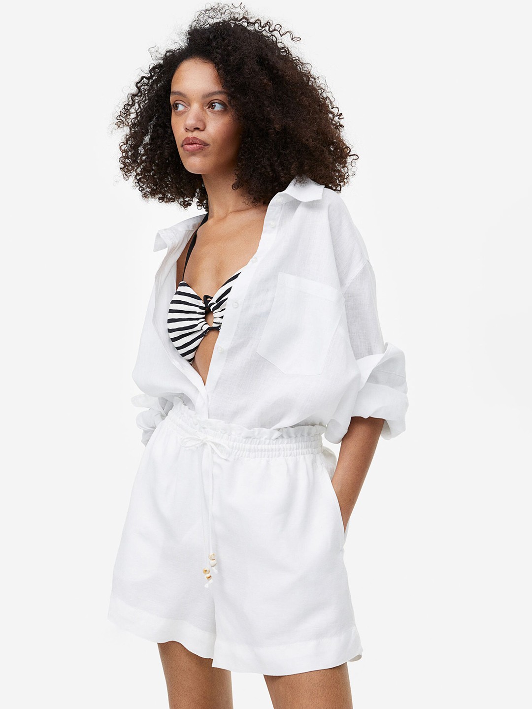 

H&M Women Linen-Blend Paper Bag Shorts, White