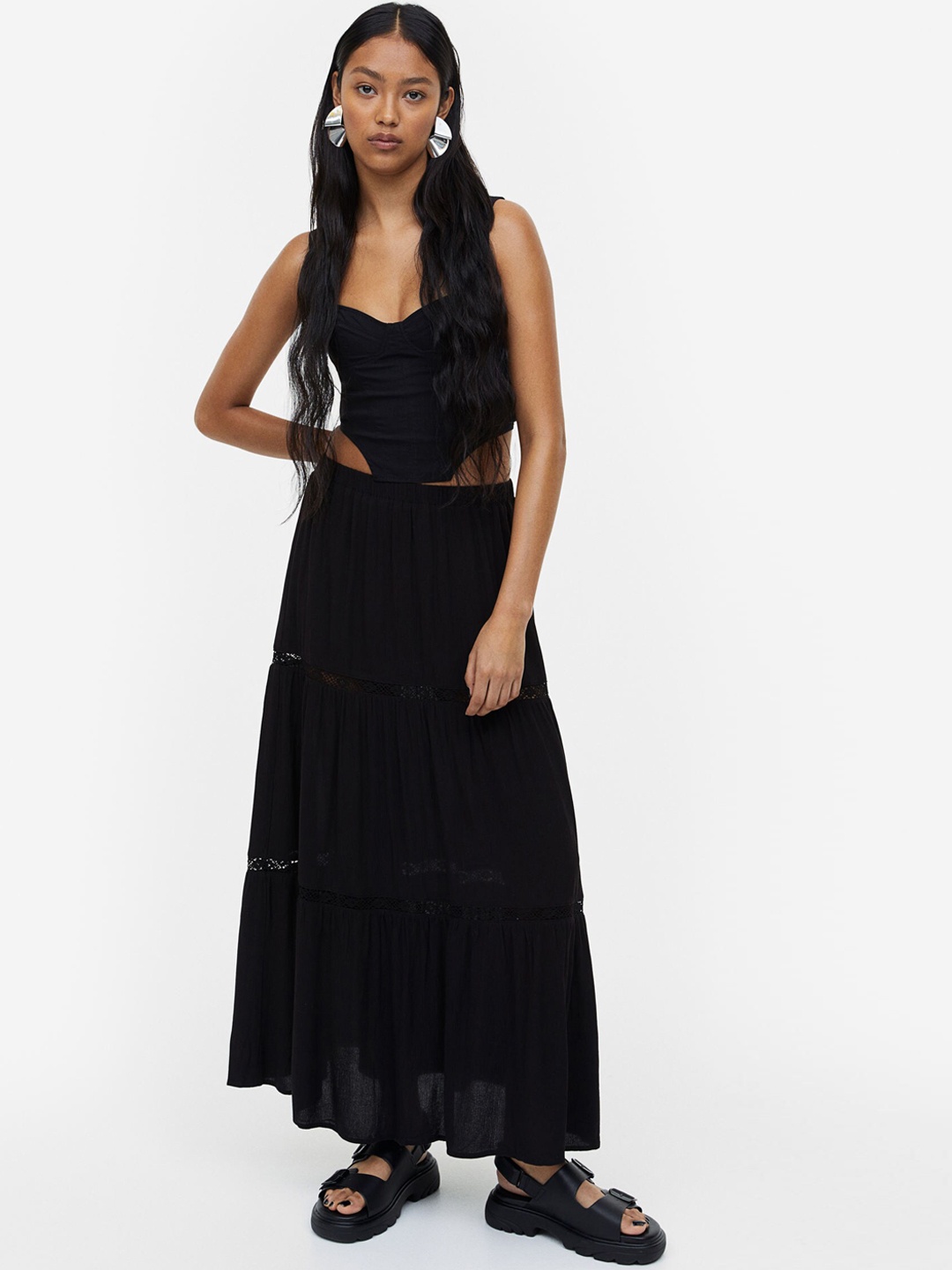 

H&M Lace-Detail Crepe Skirt, Black