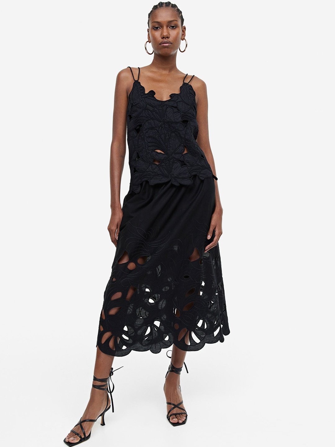 

H&M Pure Cotton Embroidered Skirt, Black