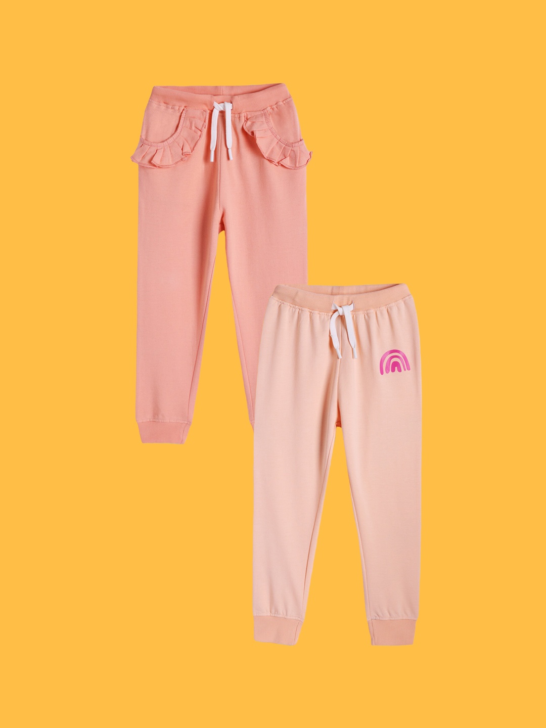 

Anthrilo Girls Pack Of 2 Mid-Rise Cotton Joggers, Peach