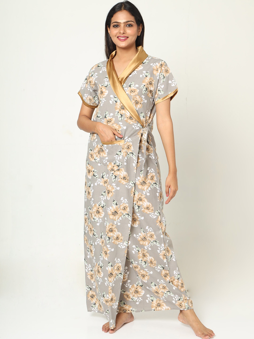 

9shines Label Floral Printed Maxi Wrap Nightdress, Grey