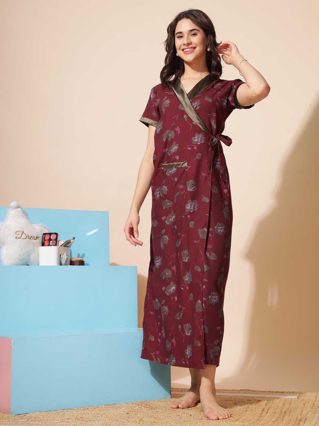 

9shines Label Floral Printed Maxi Wrap Nightdress, Red