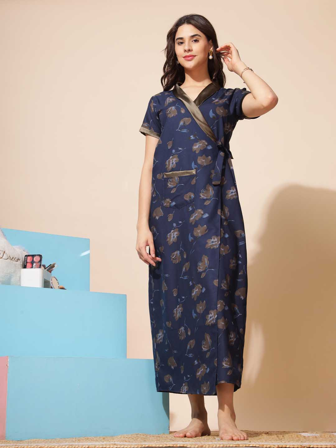 

9shines Label Floral Printed Maxi Wrap Nightdress, Blue
