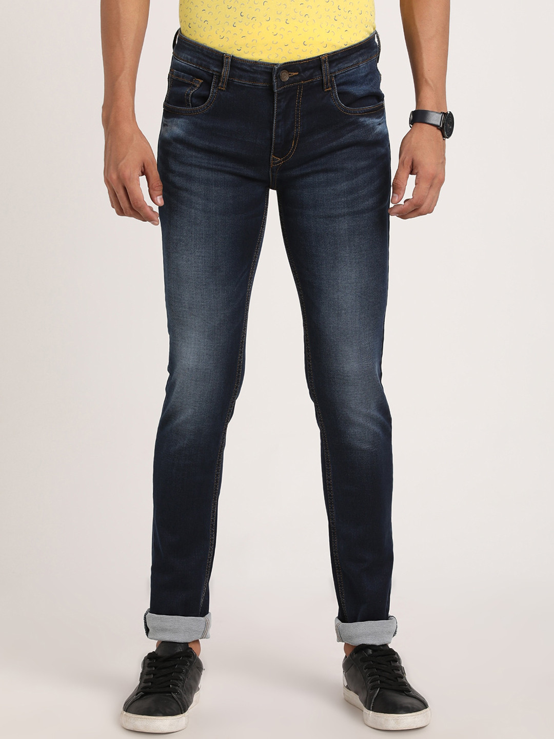 

Turtle Men Narrow Tapered Fit Heavy Fade Clean Look Stretchable Jeans, Navy blue