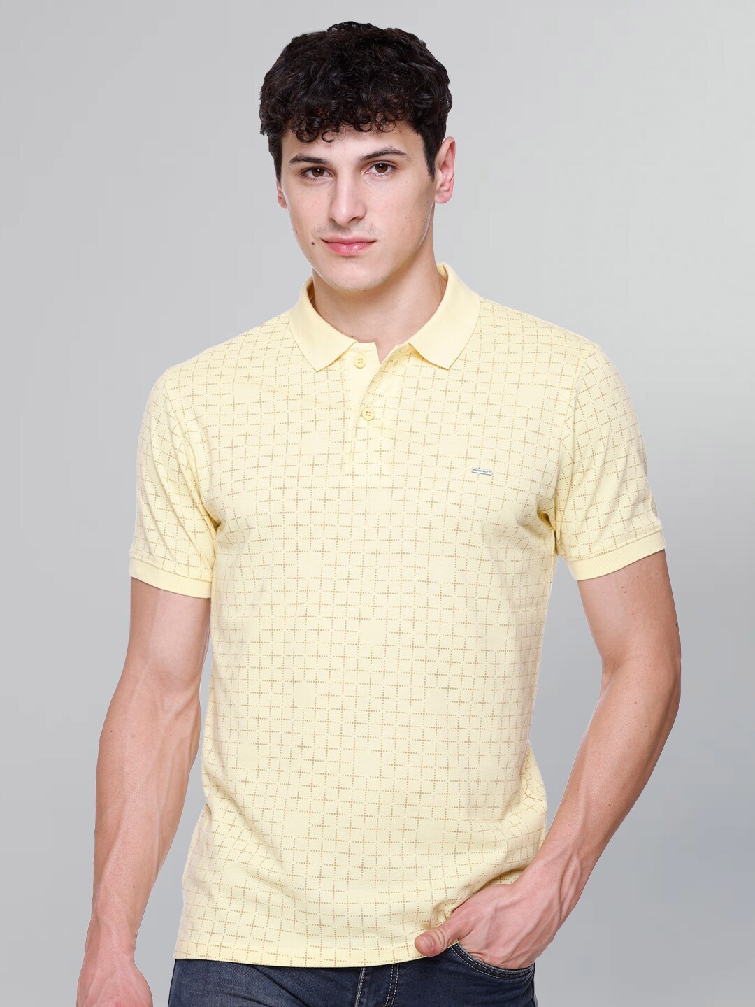 

GODFREY Geometric Printed Polo Collar Cotton Casual T-Shirt, Yellow
