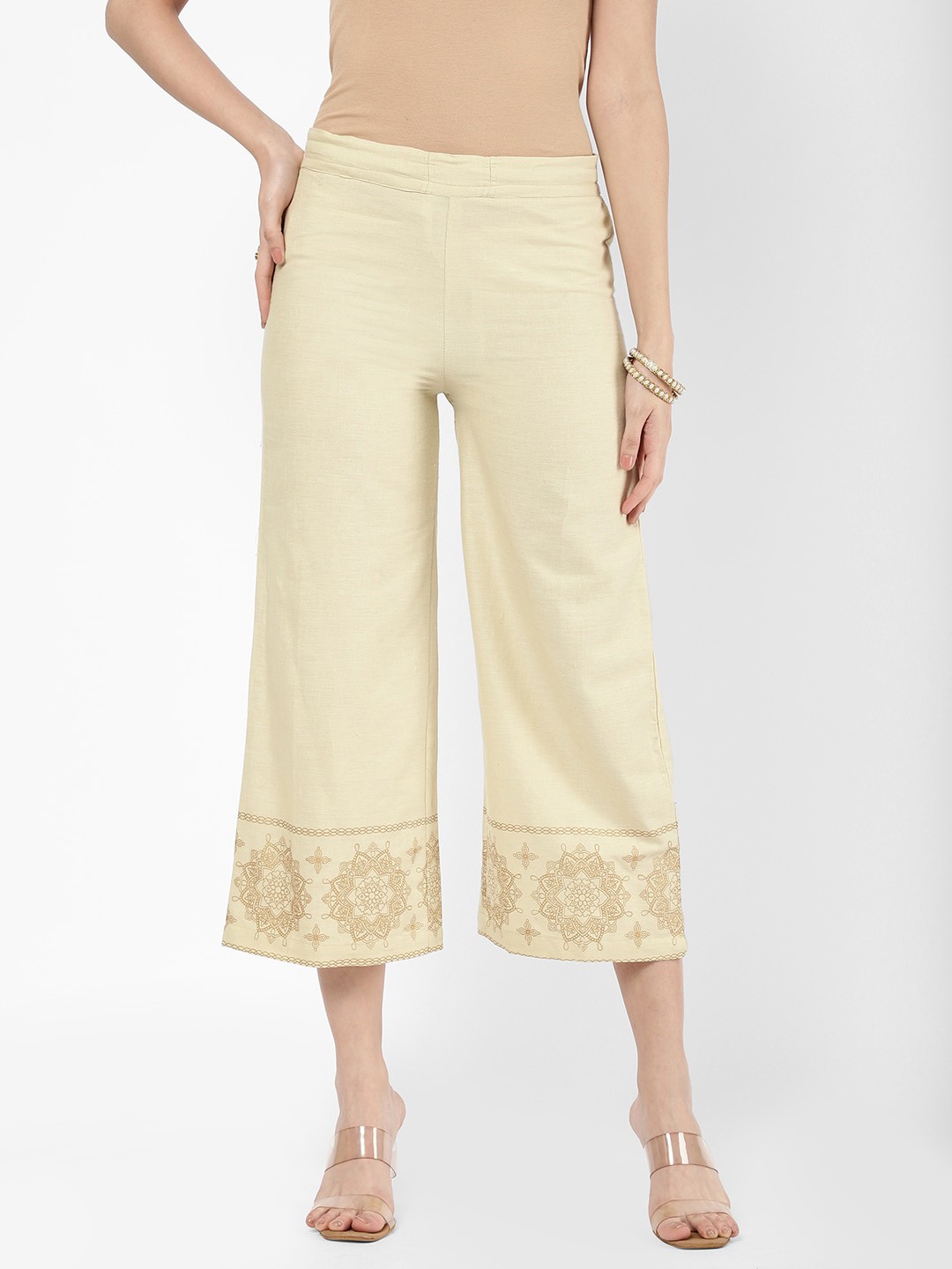 

R&B Women Ethnic Motifs Hem Design Cropped Palazzos, Beige