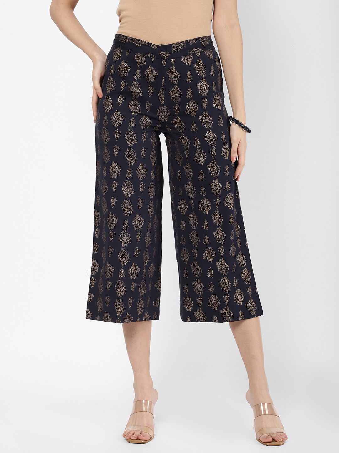 

R&B Ethnic Motifs Printed Cropped Palazzos, Navy blue
