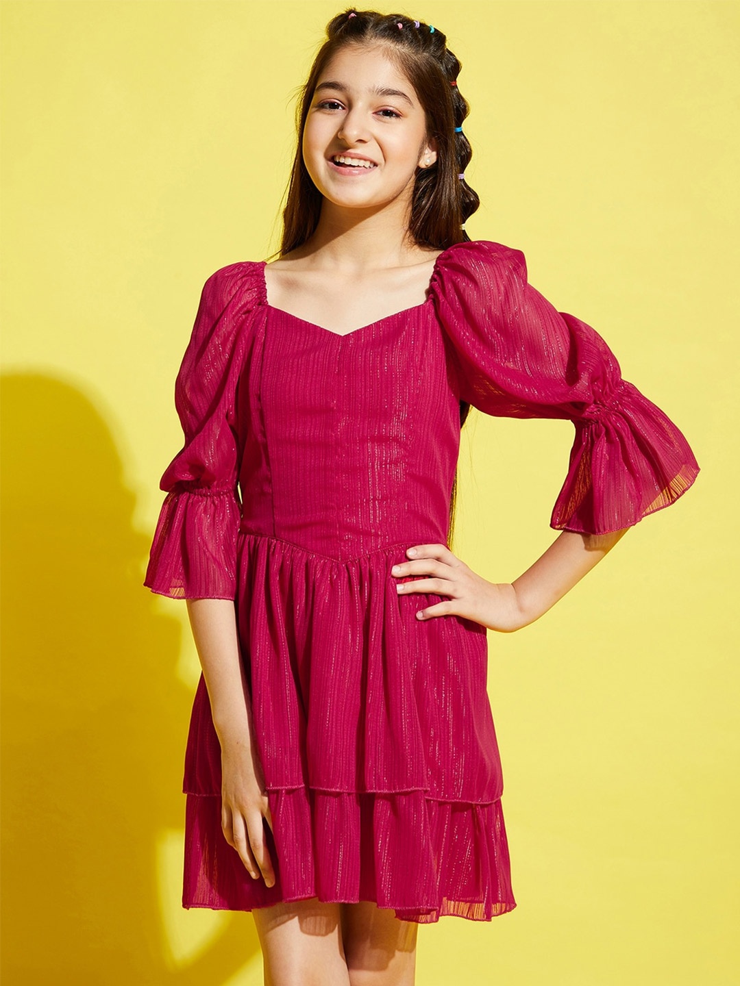 

Cherry & Jerry Gathered Bell Sleeves Fit & Flare Dress, Pink