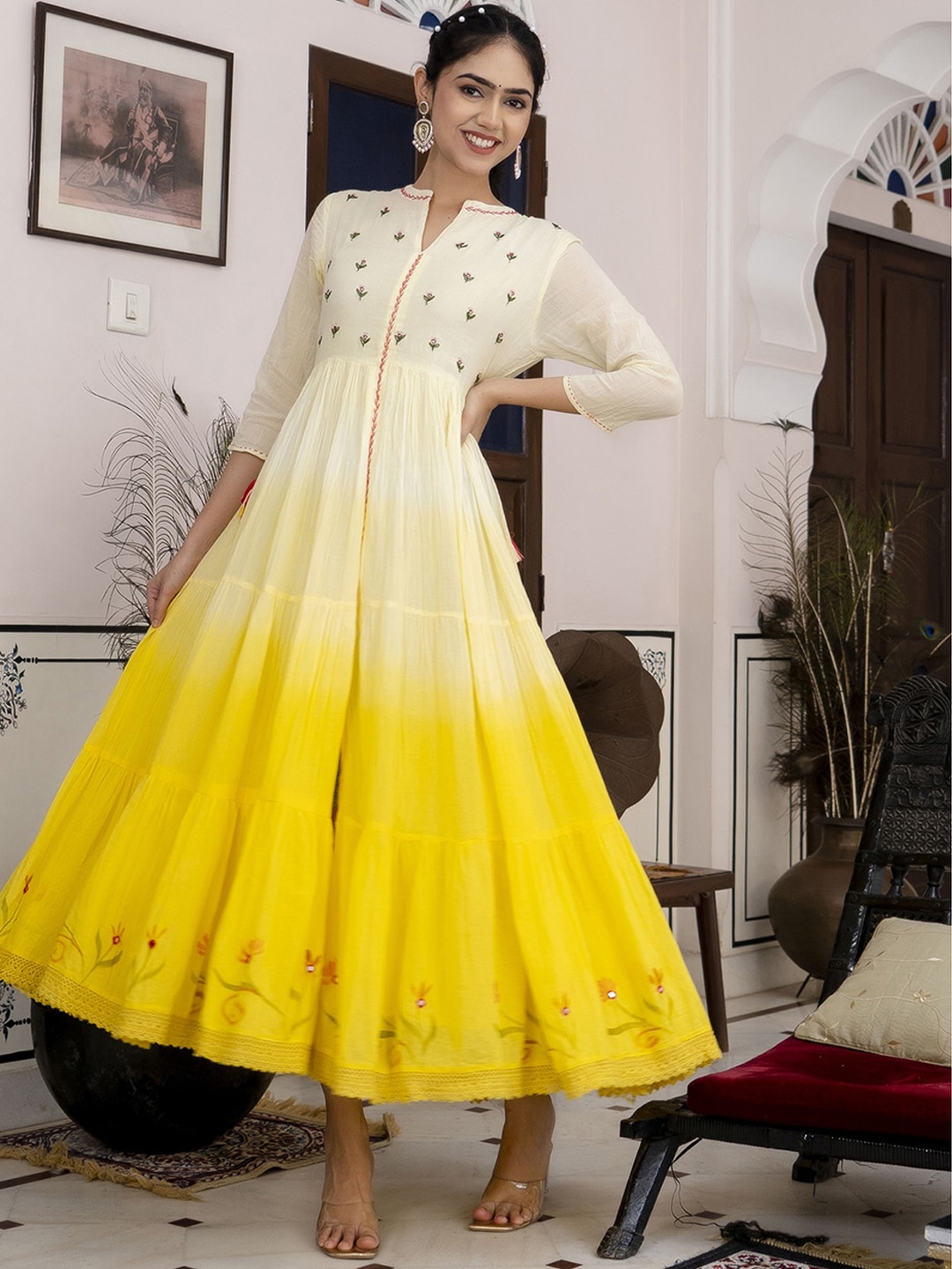 

PREKSHA V-Neck Ethnic Motifs Printed Embroidered Cotton Ethnic Dress, Yellow