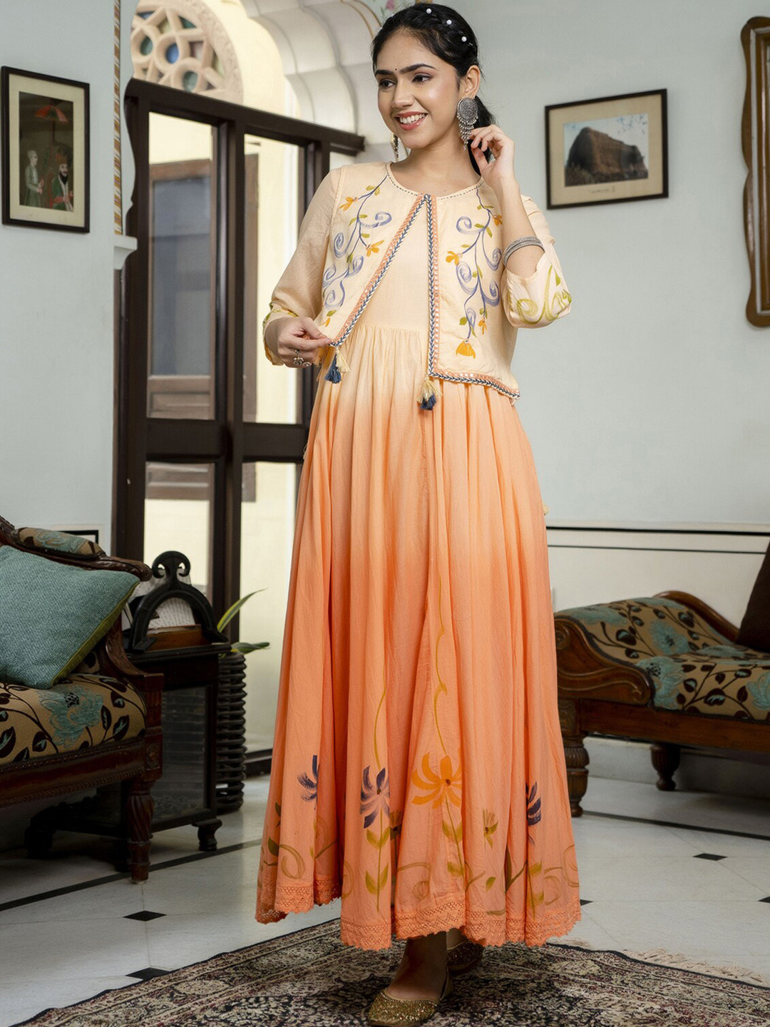 

PREKSHA Ethnic Motifs Printed Ombre Anarkali Cotton Kurta, Peach