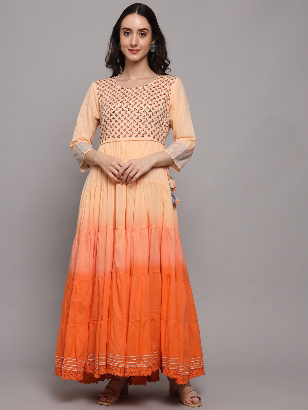 

PREKSHA Floral Block Printed Yoke Design Cotton Anarkali Kurta, Peach