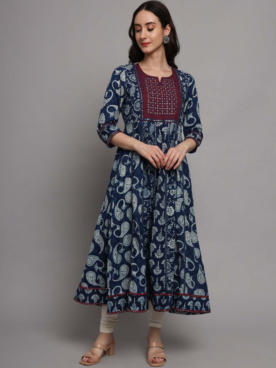 

PREKSHA Paisley Embroidered Thread Work Indie Prints Anarkali Cotton Kurta, Blue