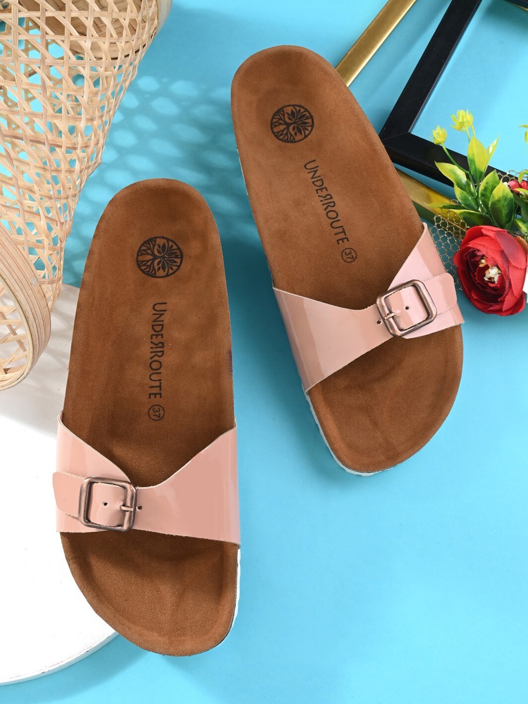 

UNDERROUTE Buckled Lightweight Open Toe Flats, Nude