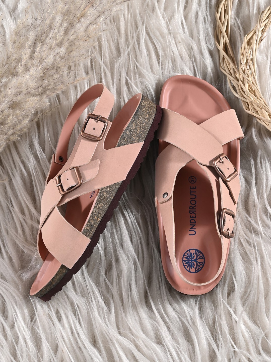 

UNDERROUTE Women Lightweight Cross Strap Open Toe Flats With Backstrap, Pink