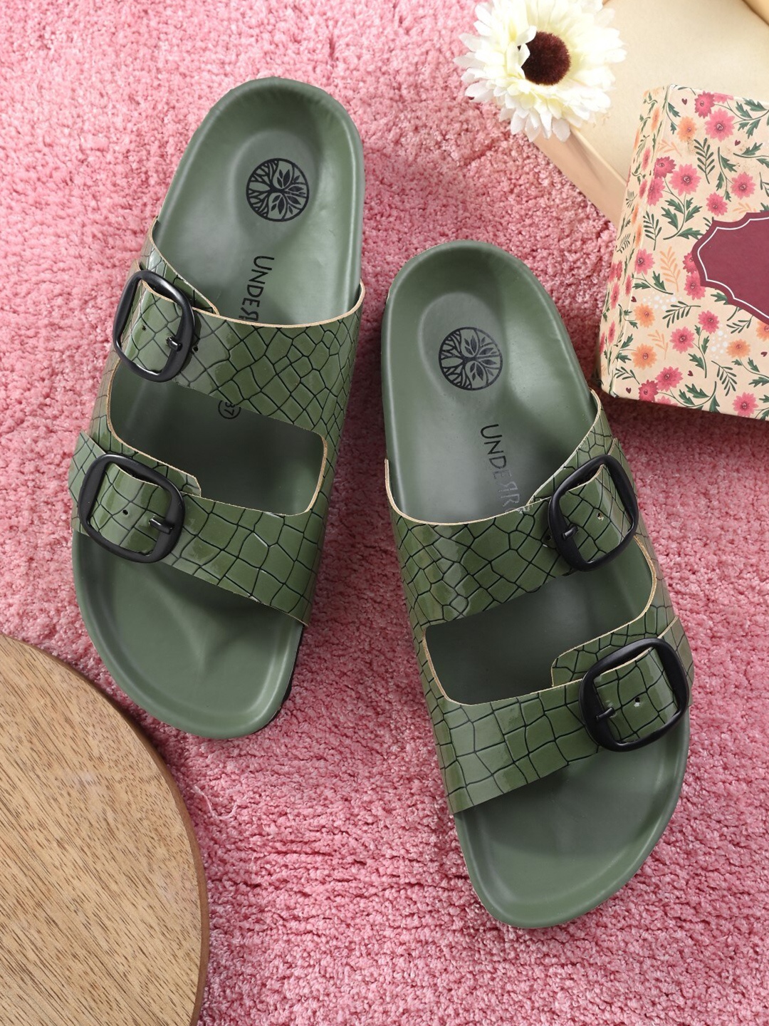 

UNDERROUTE Women Lightweight Textured Two Strap Open Toe Flats With Buckles, Green